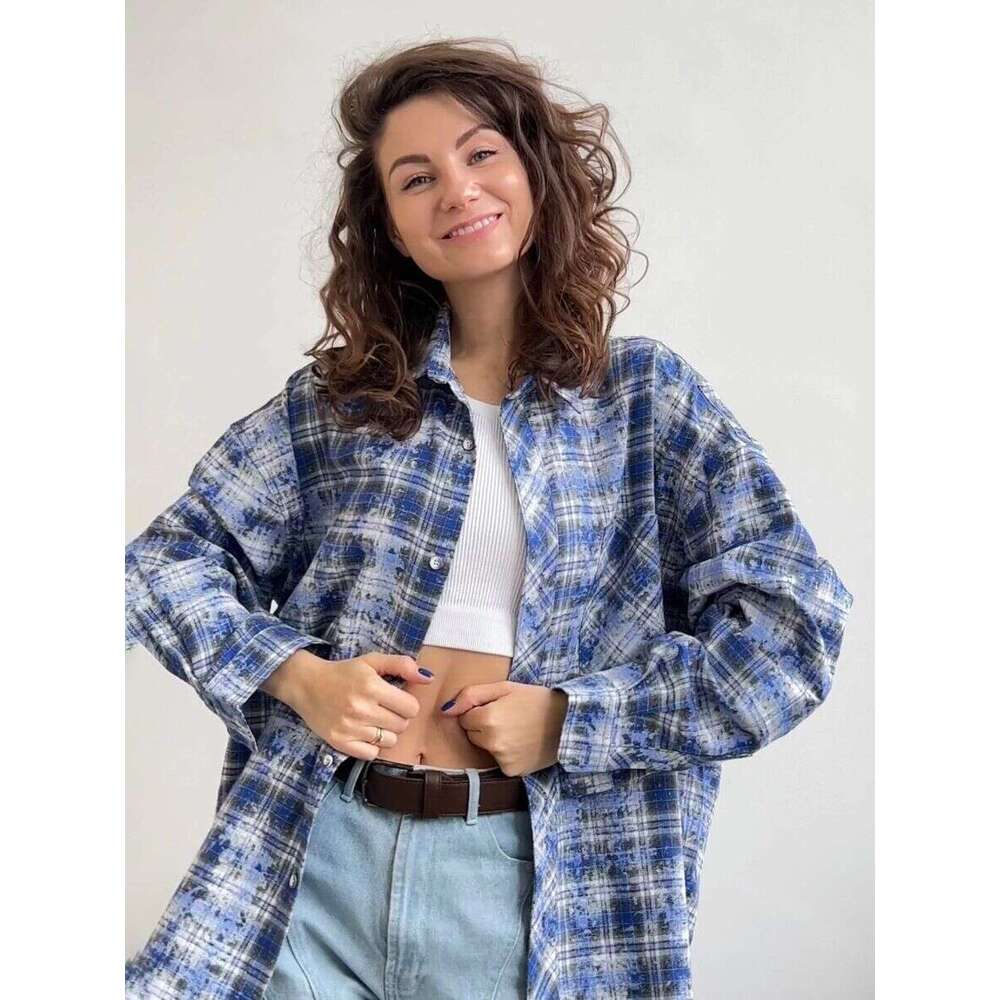 Brushed Check Men Blue Plaid Long Sleeve Oversized Shirts Male Plus Size