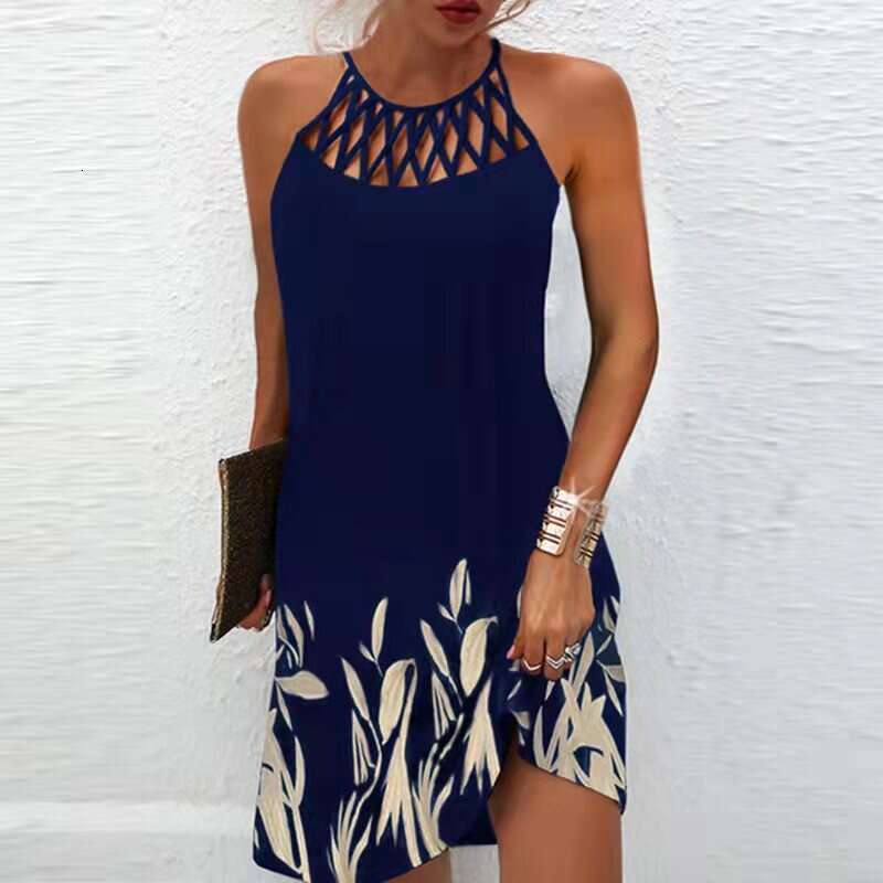 2023 European and American Spring Summer New Amazon Ethnic Style Positioning Printed Mesh Strap Sleeveless Casual Dress Women's Clothing