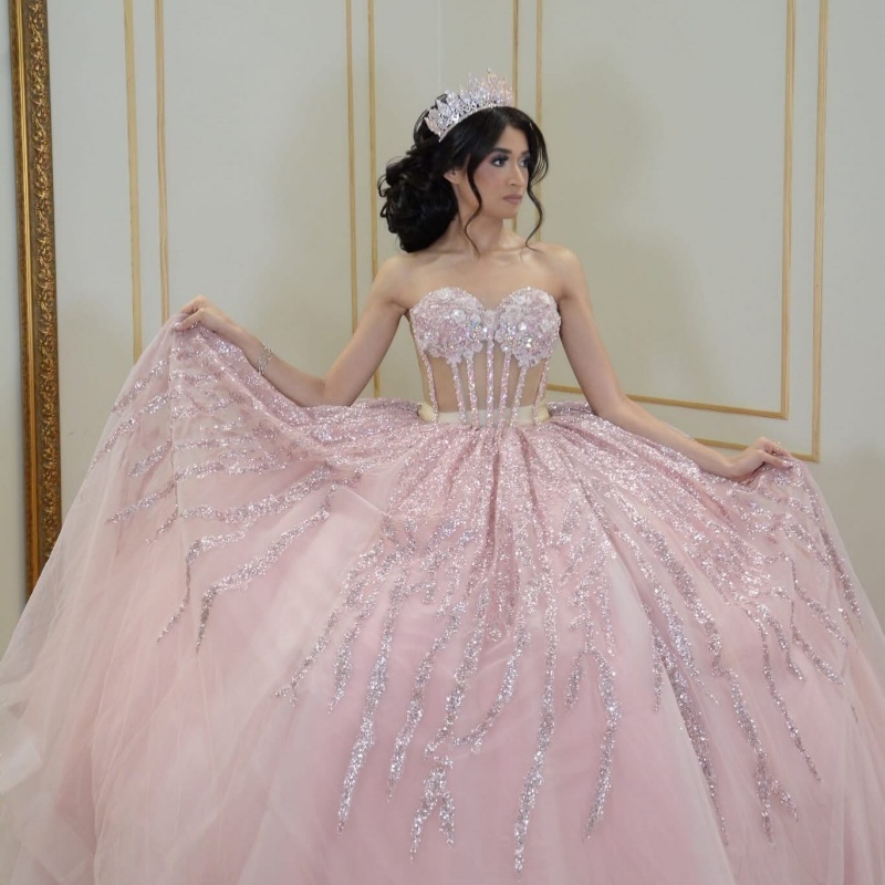 Pink Quinceanera Dresses Off Shoulder Ball Gown Sweet 16 Dress Applique Lace Beads Tull Birthday Party Vestidos 15 De Anos