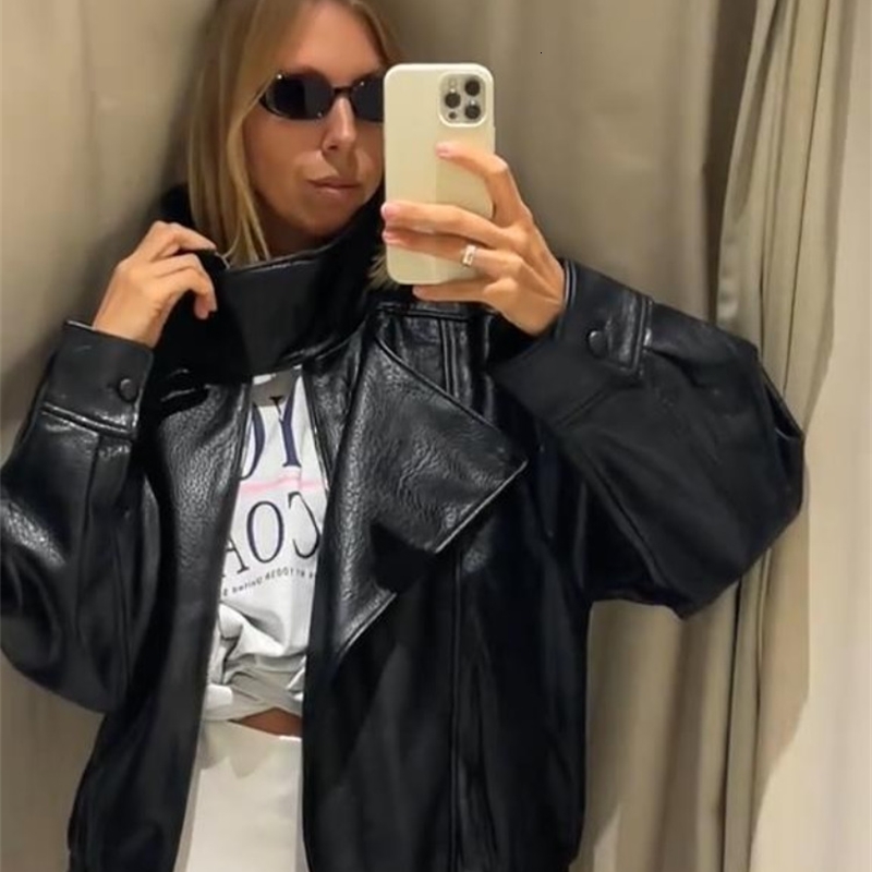 Fashion Black Leather Jacket Women Clothing Autumn Winter Loose Casual Coat PU Motorcycle Tops 251105