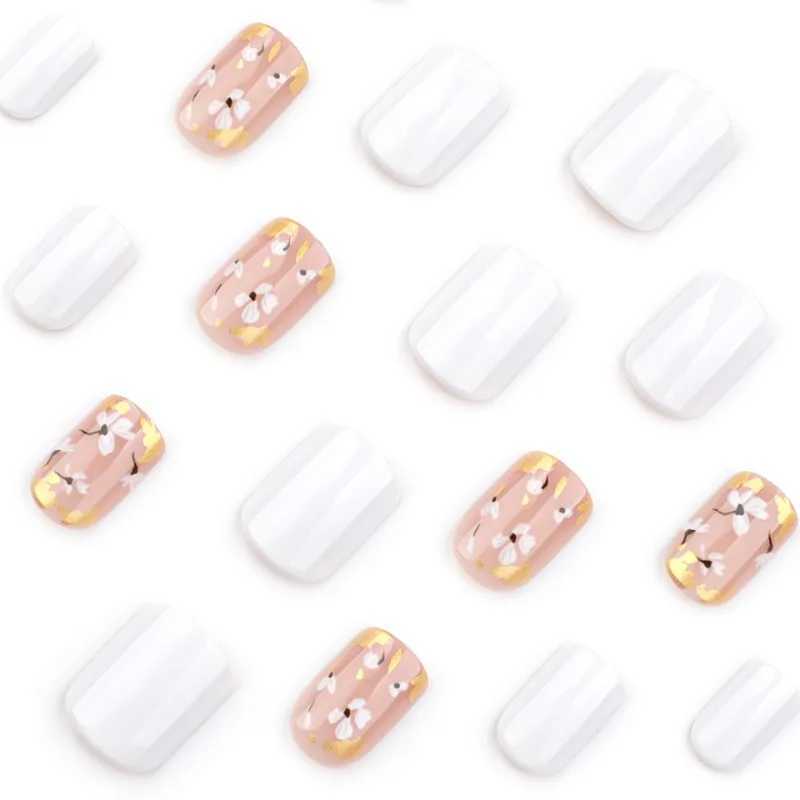 24Pcs Short Square White Floral False Acrylic Nails Elegant Trendy Wearable Nail Tips with Gold Foil for Women Girls Daily Wear W250410