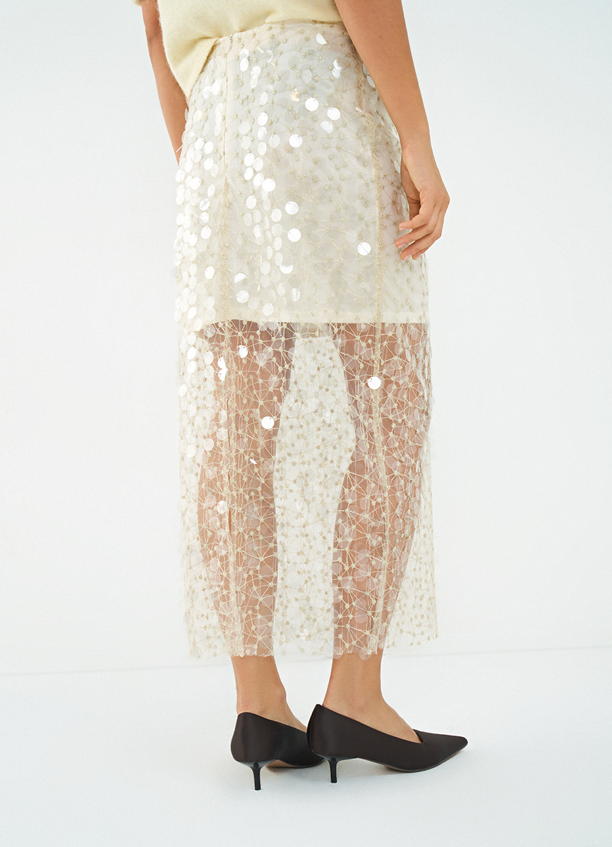 Women's Beige Sequin Straight Midi Skirt, Back Slit Zip Closure Party Skirt