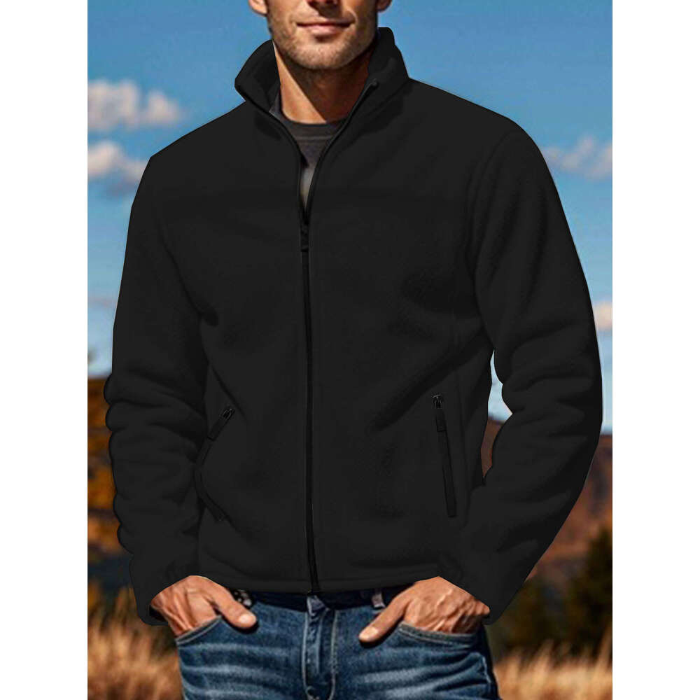 2025 TEMU New European and American Men's Polar Fleece Spring Autumn Winter Outdoor Zipper Stand Collar Jacket Top