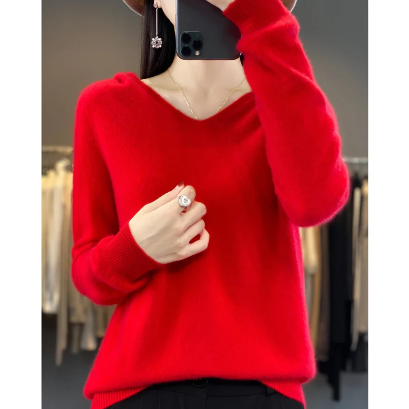 100 Merino Pure Wool V-neck Hoodie Autumn/Winter Hoodie Cashmere Sweater Womens Casual Knitted Top DMR207 251106