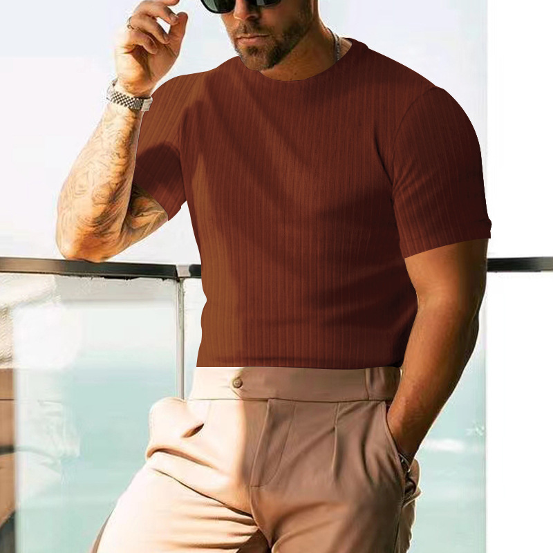 Tem 2025 Summer Mens Short Sleeve T-shirt Solid Color Casual Stripe Round Neck Slimming Henley Shirt
