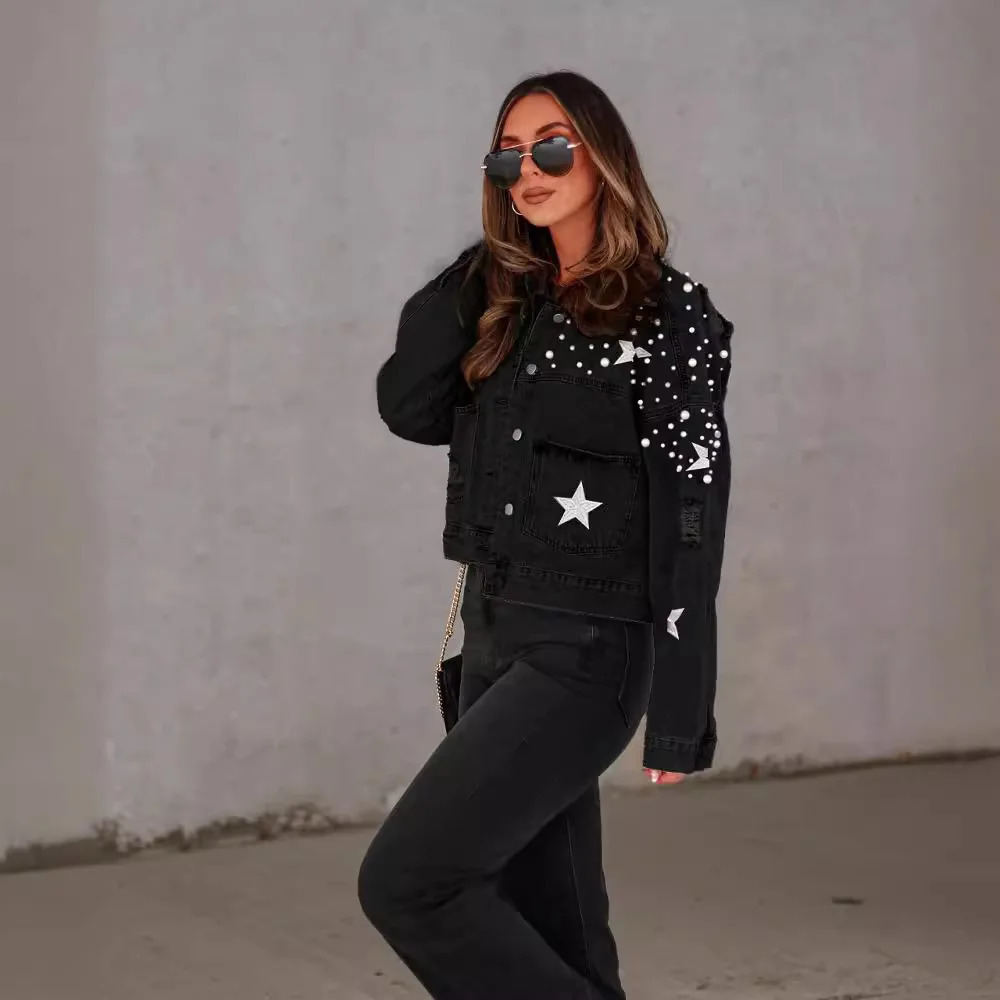 Womens bead star printed short denim jacket long sleeved single chest button fashionable sexy jacket 250409