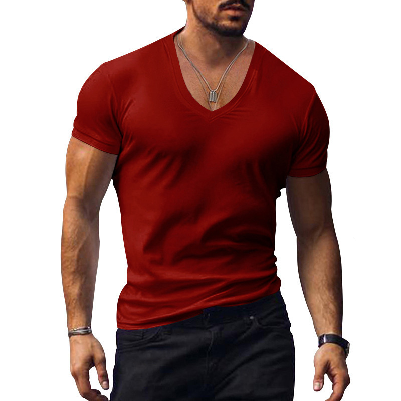 Mens summer mens V-neck solid color slim fit casual short sleeved top