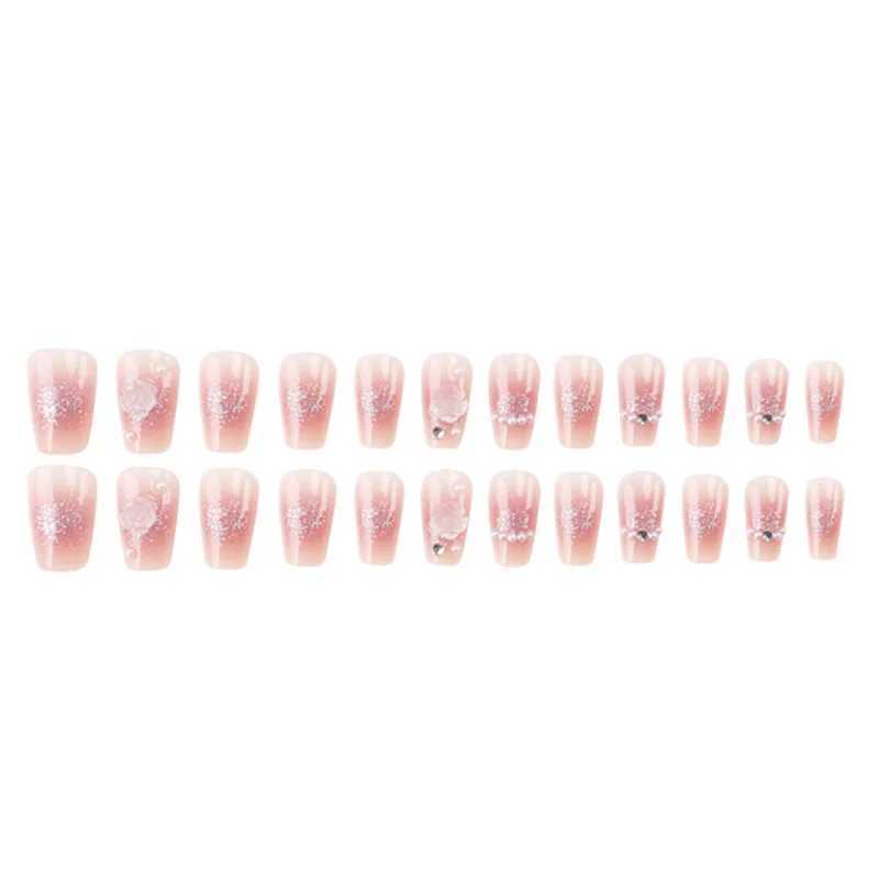 24 pieces of short French 3D rose fake nails+strips+jelly glue W250410