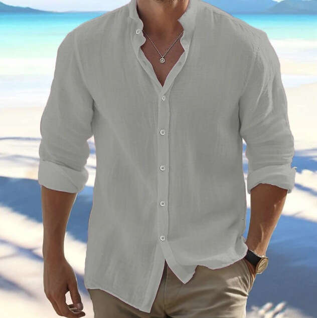 Cross-border Men's Linen Button-up Beach Shirt Long Sleeve Solid Color Stand Collar Spring Summer Casual Daily Clothing