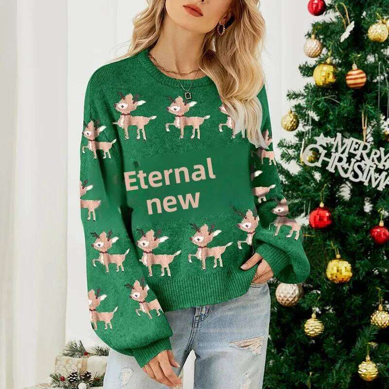 Red Christmas Knitted Sweater Loose Long Sleeve Overhead Deer Pattern Women's Fashionable Casual Comfortable Knitwear Designer Sweater Women