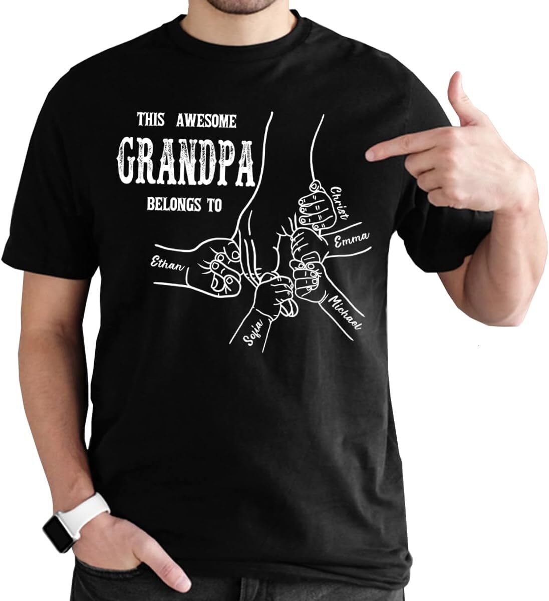T shirt for Mens Personalized Grandpa Shirt Hand and Grandkids Name, This Awesome Dad Belongs to Shirt Fathers Day, Christmas Tee Casual Tops Clothes 