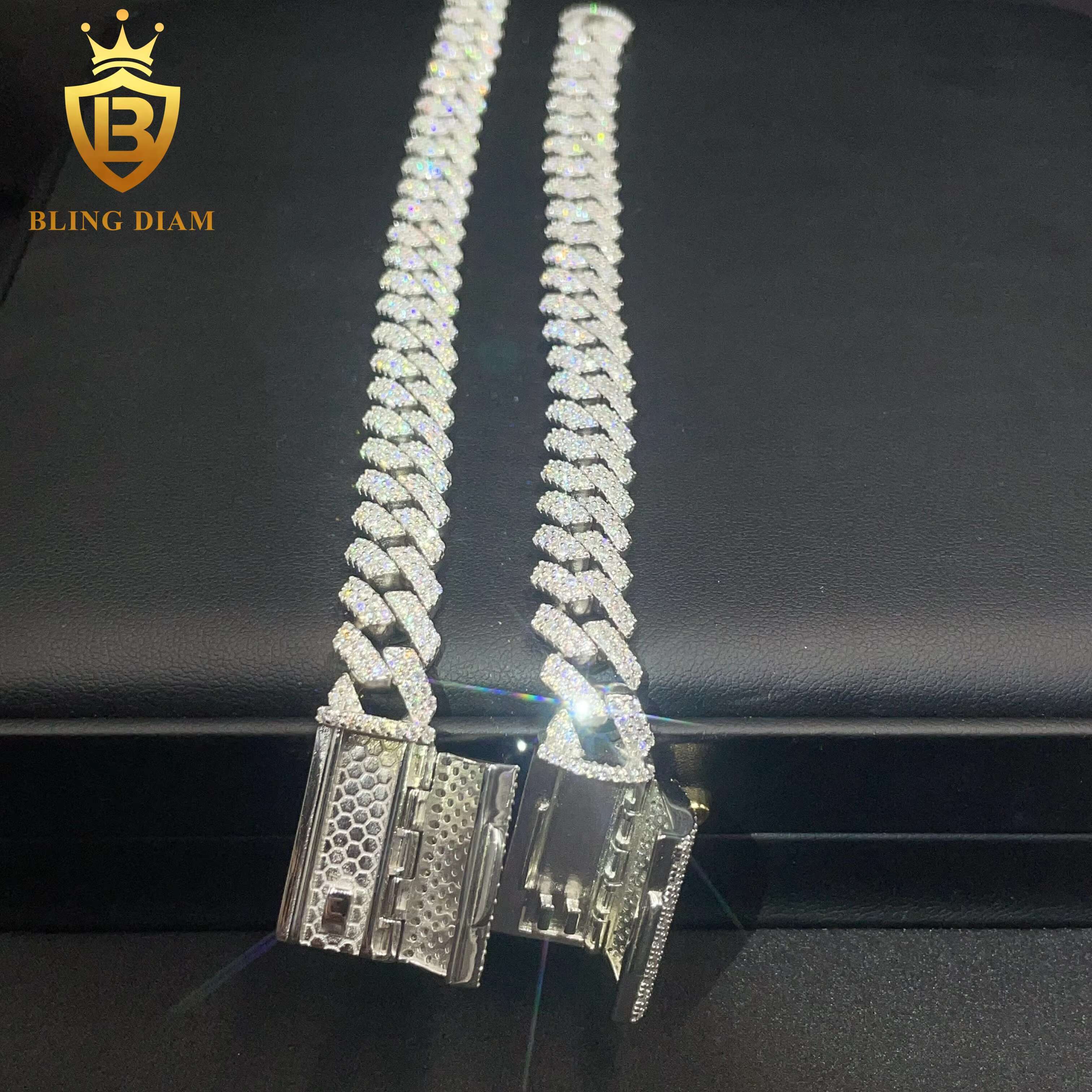 Factory Direct Wholesale Moissanite Cuban Chain Bracelet Necklace Hip Hop Style VVS Diamond 2 Rows Sizes 12mm 925 Silver Men