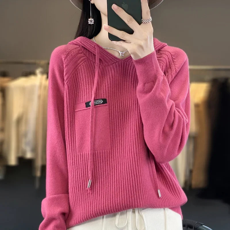 Loose Fit Hooded Long Sleeve Knitted Sweatshirt Womens Korean Style Solid Color Simple Fashionable Sweater Trendy Autumn Sa 251106