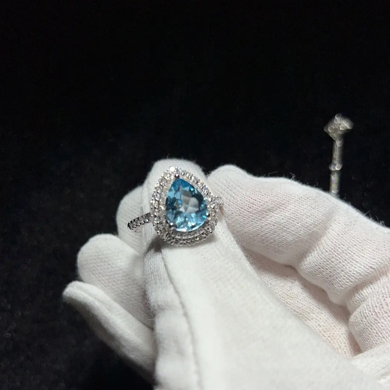 S925 Sterling Silver Water Drop Aquamarine Ring For Women, Ins Trend Fashion Ring Inlaid Designer Ring Adjustable Simple Design Index Finger Ring