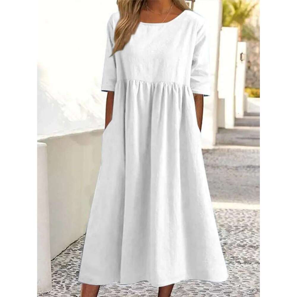 2025 Summer Amazon Independent Station New Cotton Linen Casual Short Sleeve Pocket Ruched Loose Round Neck Dress