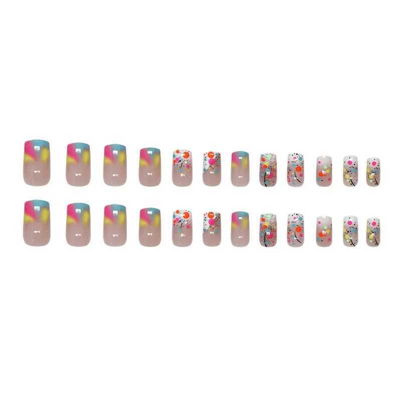 24 fake nails with watercolor stains with jelly stickers pressed on top of the fake nails wearable round headed oval shaped fully covered nail tips W2