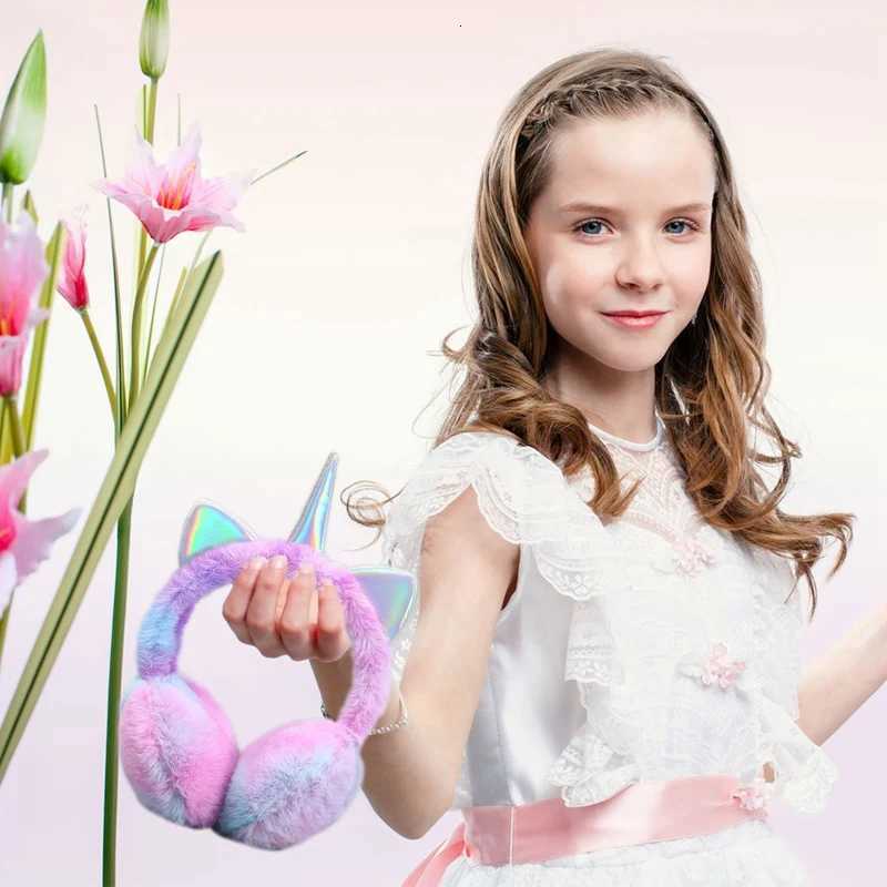 Children Unicorn Warm Earflap Colorful Soft Plush Fluffy Cat Ears Earmuffs Kids Winter Outdoor Cycling Ski Snow Tie-dye Headwear W251110