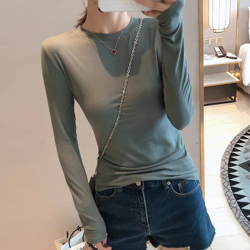 Womens 2025 highquality plain weave Tshirt cotton elastic basic womens casual top long sleeved sexy thin 250407
