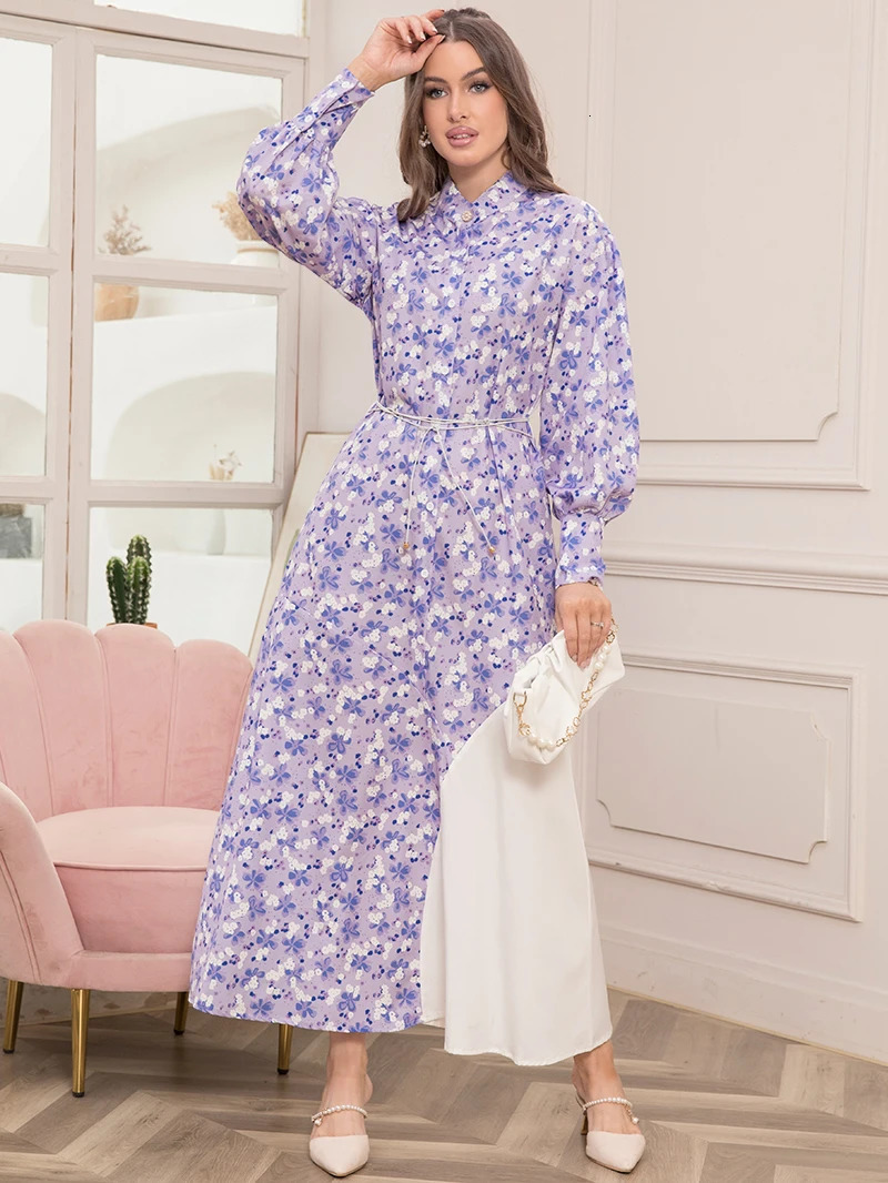 Elegant printed high neck contrasting color waistband shirt long sleeved dress - Womens fashionable slim fit long skirt 250409