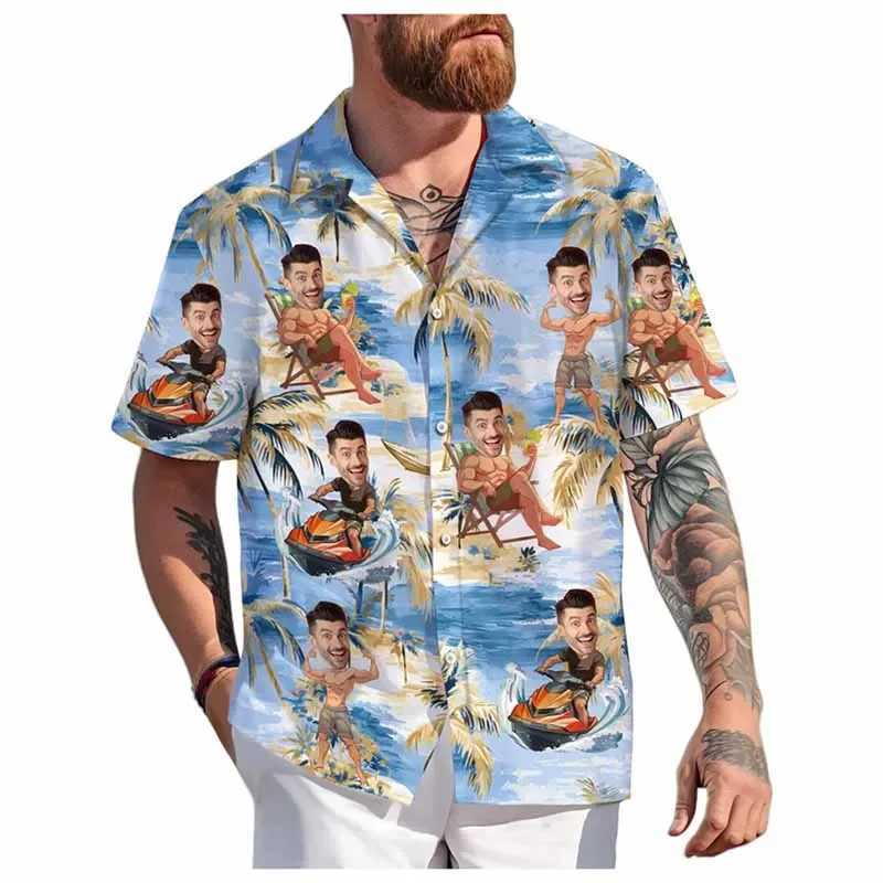 Interesting personalized facial Hawaiian mens and womens universal 3D printed button up shirts for spring and summer beach short sleeves in 2025 X2504