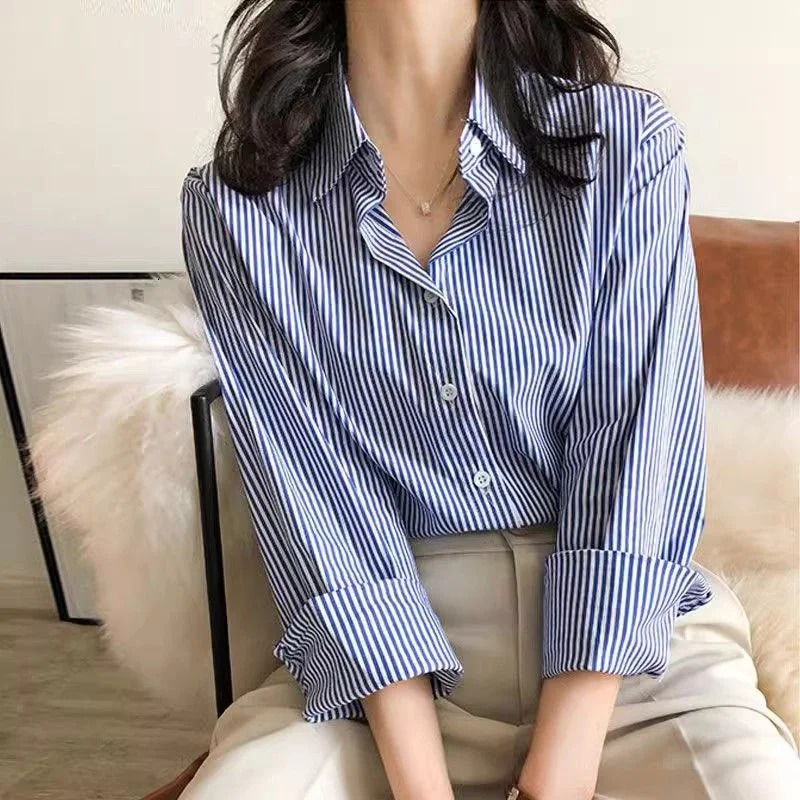 Classic striped womens spring and autumn shirt womens long lantern sleeves stand up collar loose blue top 250409