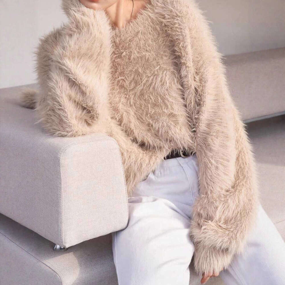 Autumn Winter Thickened Imitation Mink Velvet Women, Export Cross-Border Solid Color Versatile Round Neck Fuzzy Pullover Knitted Sweater for Women