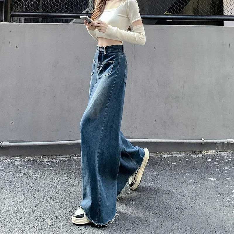 Woman High Waist Vintage Designer Wide Leg Jeans Female Gothic Loose Straight Leg Pants Girls Blue Light Blue Denim Trousers C251110