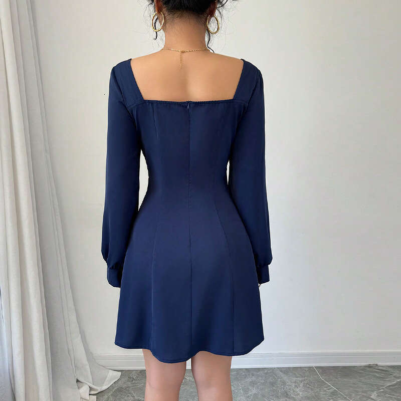 2025 Autumn New Cross-Border Amazon Foreign Trade Long Sleeve Square Neck Waist Slimming Small Hem A-Line Dress for Women