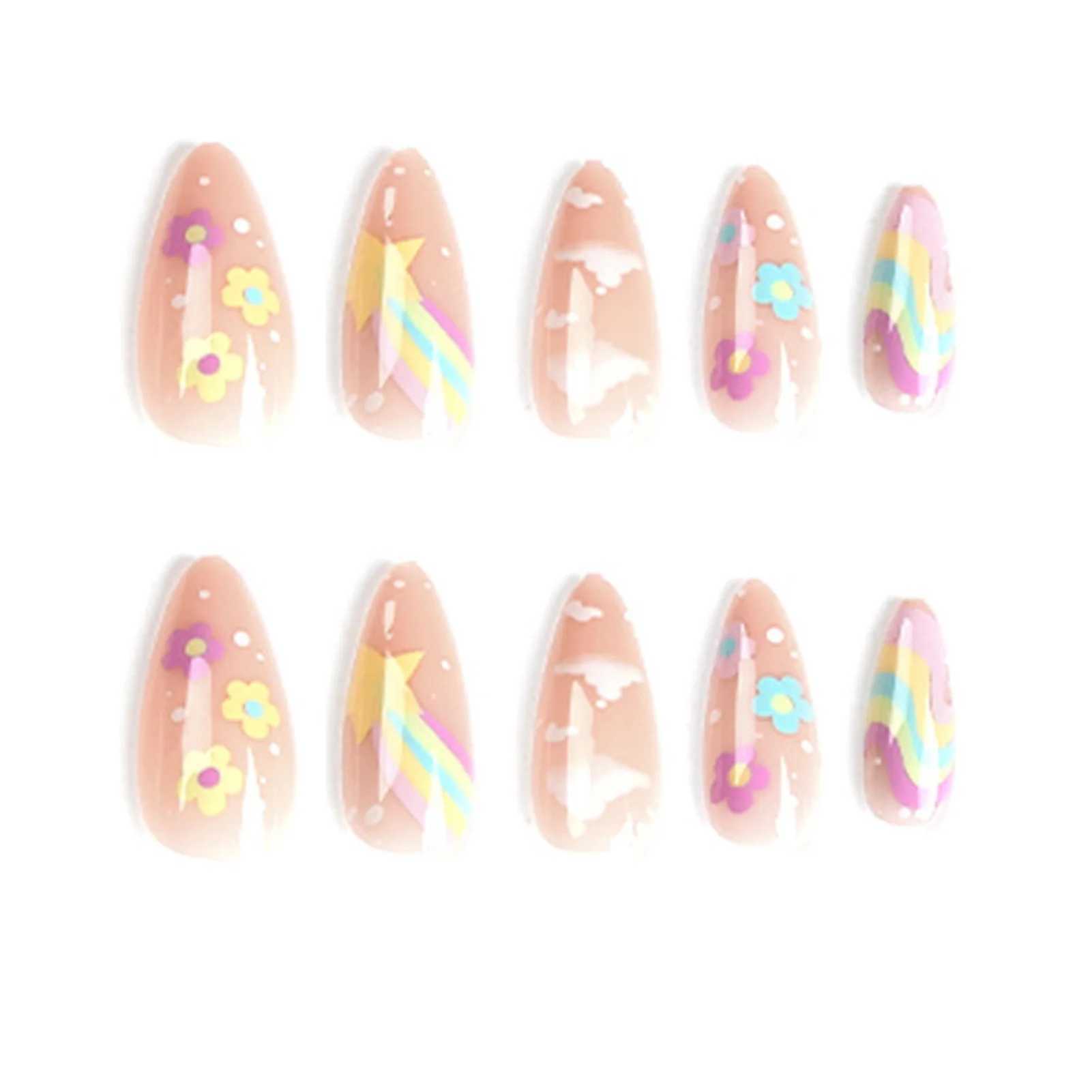 24 cute colored fake nail tips suitable for girls Rainbow Cloud Star printed almond fake nails full set of reusable adhesive fake nails W250410