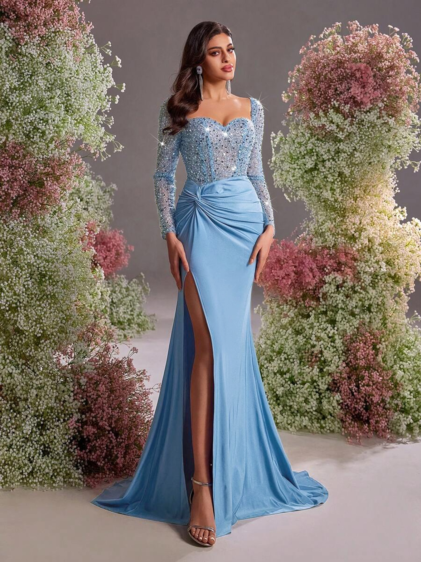 Women's Elegant Glamorous Sequin Mesh Mermaid Evening Gown, Side High Slit Bodycon Maxi Dress---D424