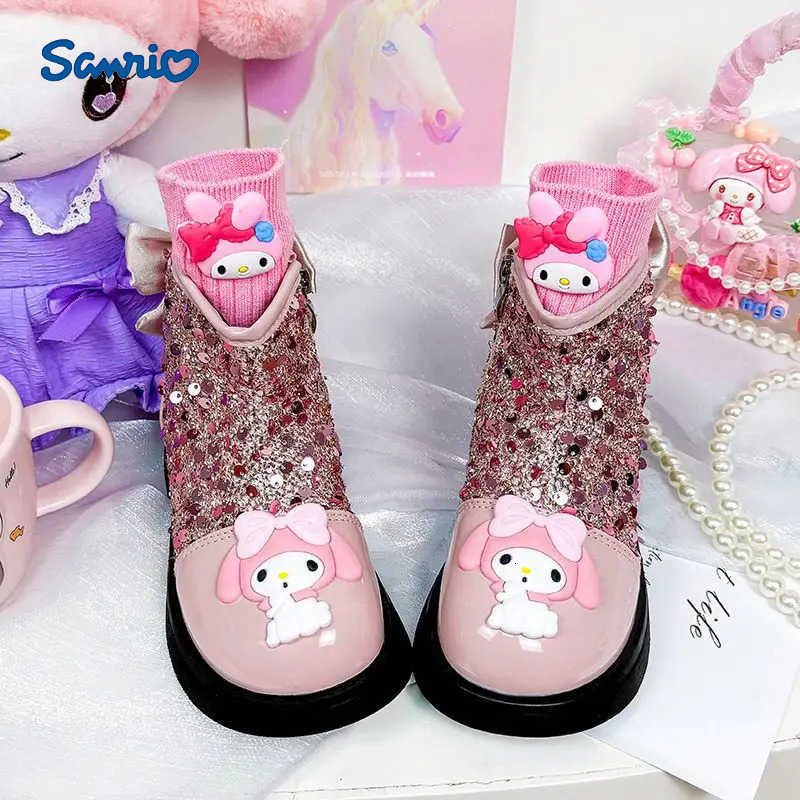 Sanrio Kuromi My Melody Childrens Short Boots Girl Princess Leather Shoes Sequin Baby Autumn Soft Sole Non Slip Casual Shoes H251110