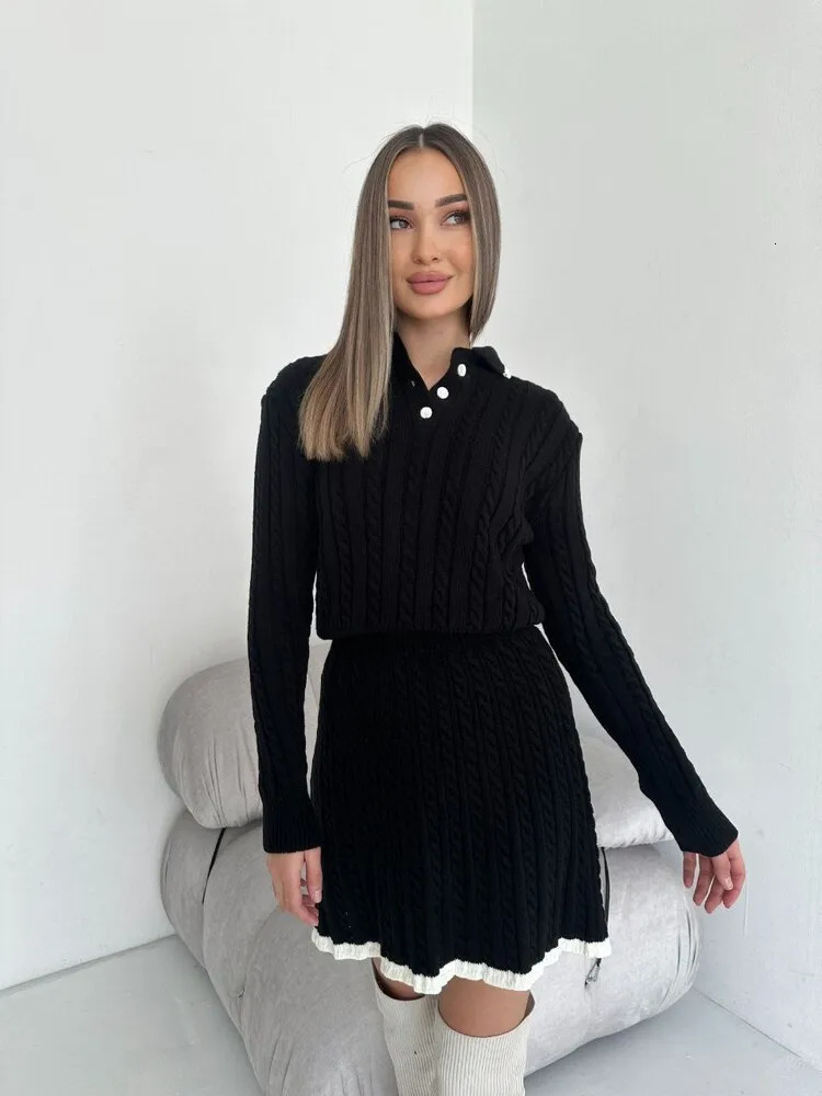 Arrival Women Solid Color Knitted Skirts Two Piece Set Long Sleeve Lapel Buttons Knitting Sweater Short Skirt 2 Sets 251110
