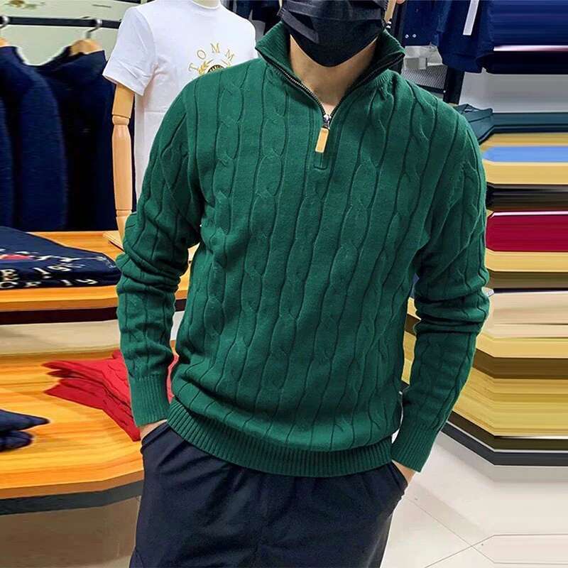 Men's Light Turtleneck Jacquard Knit Zipper Pullover Leisure Vintage Solid Color Long Sleeve Sweater Korean Style Clothes