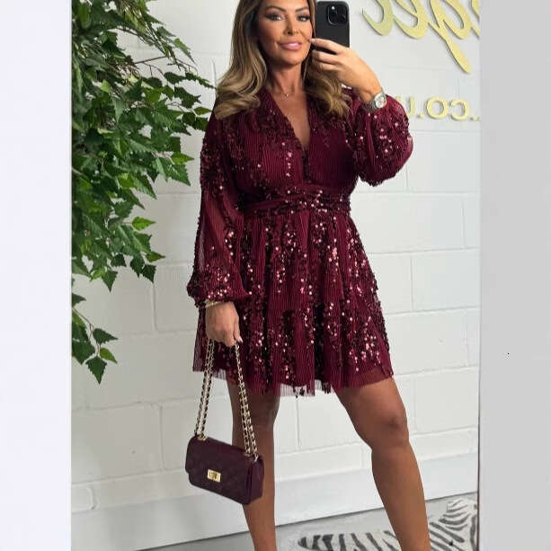 2025 New Style Christmas Party Sequin Folded Layered Loose Long Sleeve Night club maxi dress SEXY DRESSES FOR WOMEN