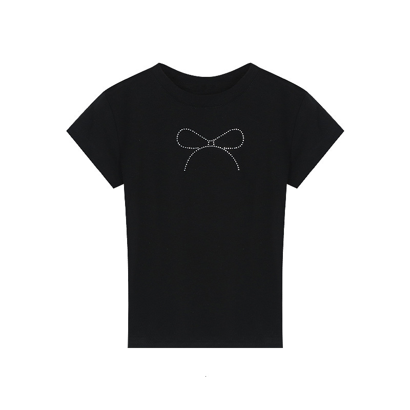 2025S Designer Women S T Shirt Summer American Girl Sleeved T Shirt For Women Black Bow Hot Diamond Slim Fit Short Top Trendy