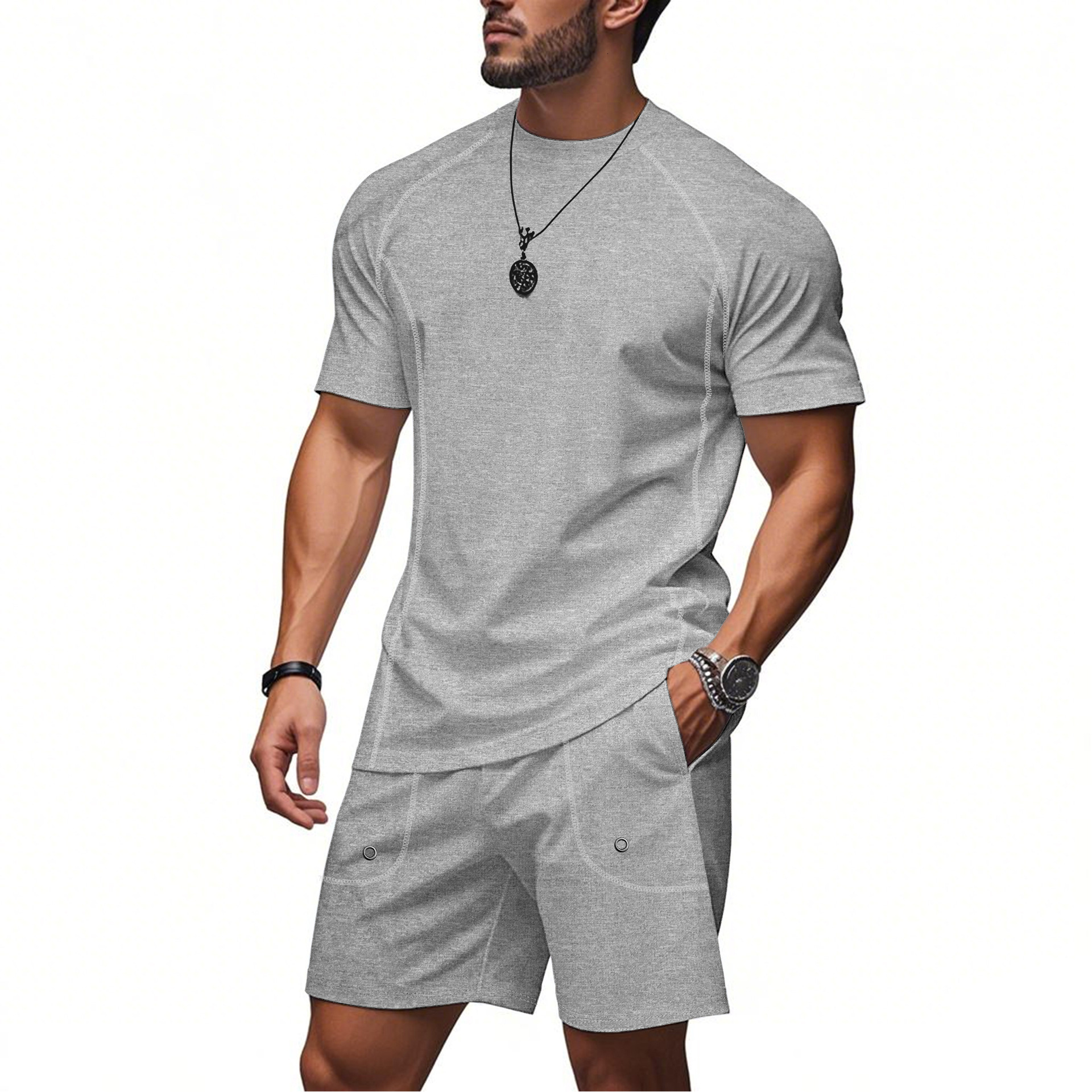 2025 cross level summer new style mens running fitness tight fitting suit set training short sleeved shorts set