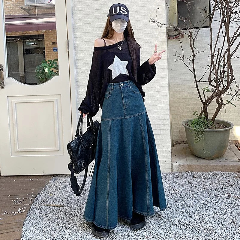 Denim Summer Dress Womens Spring Street Clothing Aline Pocket Large Bottom Patch High Waist Long Jeans NS5633 250410