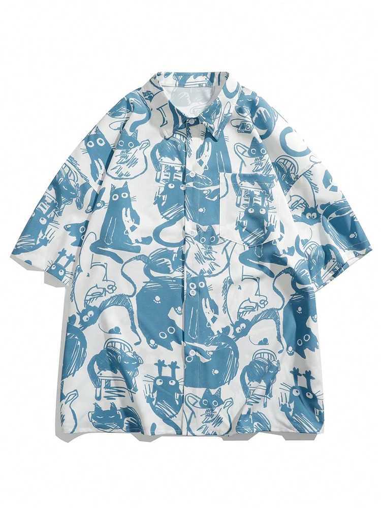 Mens Summer Casual Cartoon Full Print Knitted Shirt Personalized Street Comic Style Short Sleeve Top X250410