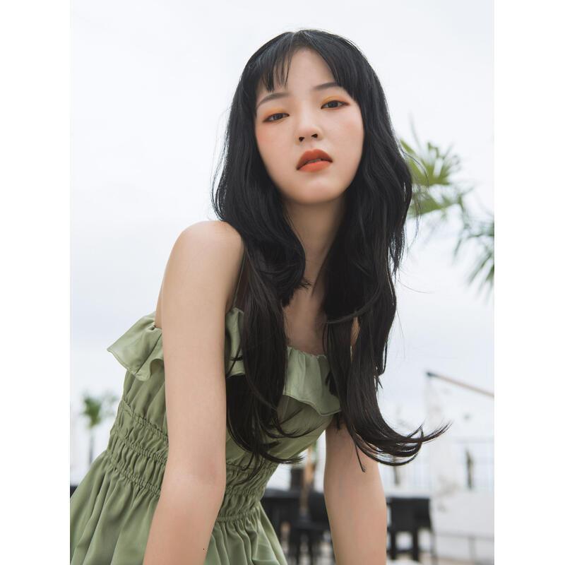 18inch en brown With Bangs Long Wavy Curly Glueless Fringe Unit Heat Resistant Synthetic Middle Part Full hine Made No Lace Scalp Costume Cosplay Hair