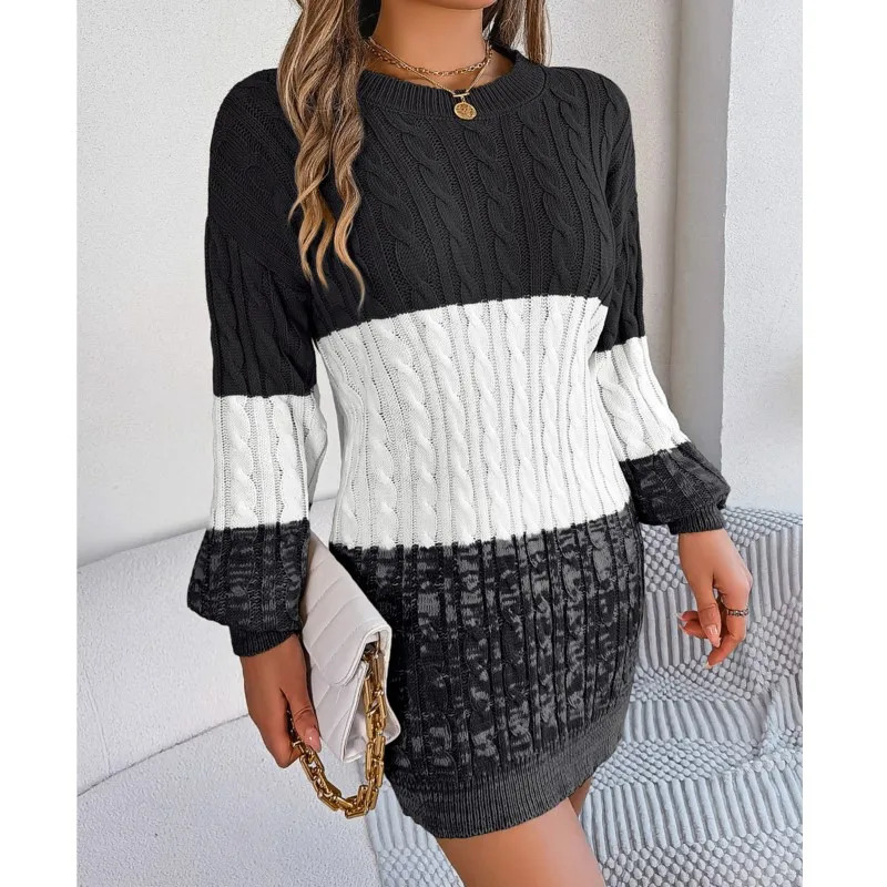 Womens Knitted Sweater Dress Color Blocked Autumn And Winter Elegant Square Collar Button Long Sleeve Bag Hip Skirt 251110