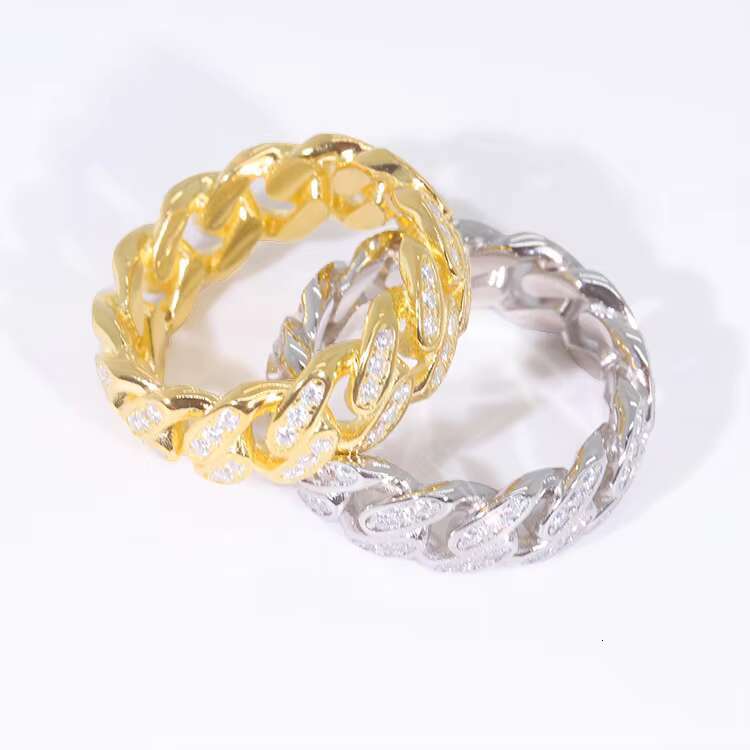 Hot Sale Cuban Ring S925 Silver Gold Plated Iced Out Moissanite Diamond Ring Single Row Hip Hop Rings for Men Jewelry