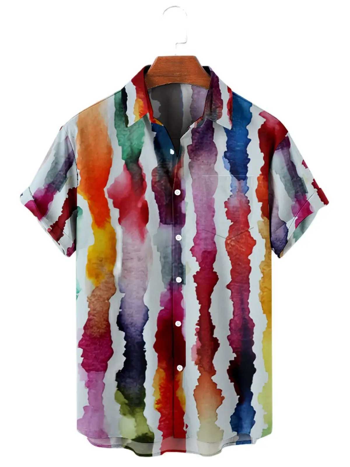 2024 5XL Hawaiian Mens Shirt Color Stripe Camissa Short Sleeve Mens Casual Top Oversized T-shirt X250410