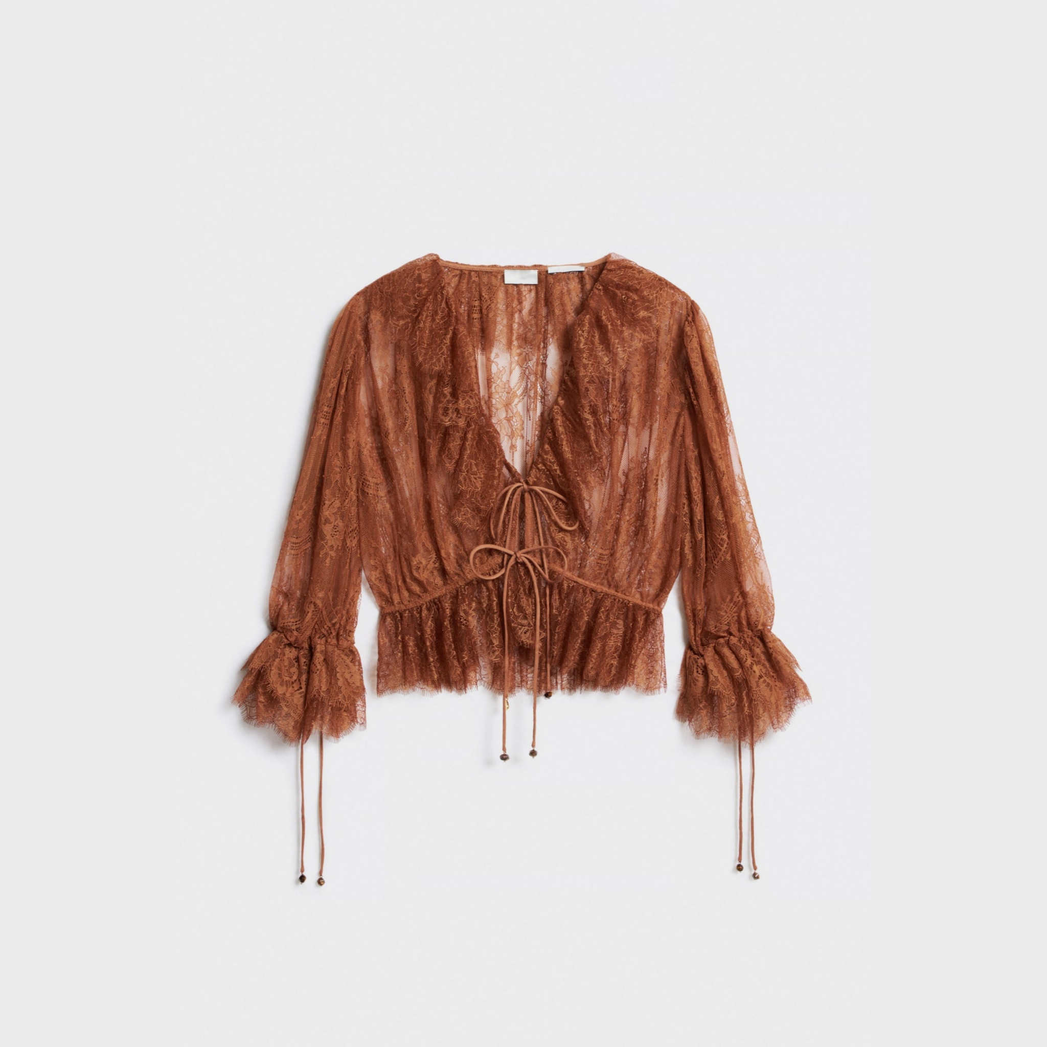 Women's Brown Sheer Lace Floral Blouse, V-Neck Tie Detail Ruffled Sleeve Top