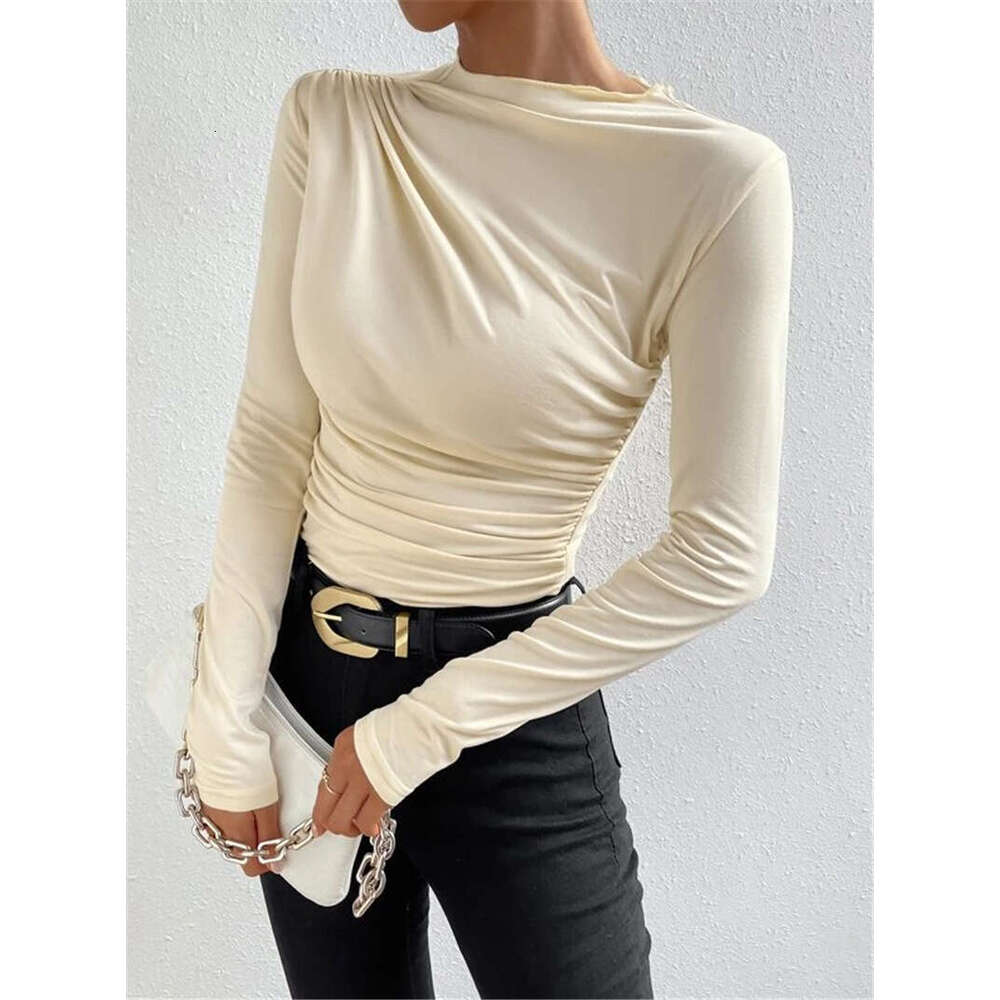 Half High Collar 2024 European and American Solid Color Slim Fit Base Shirt Versatile Ruched Design Long Sleeve T-Shirt Women's Top