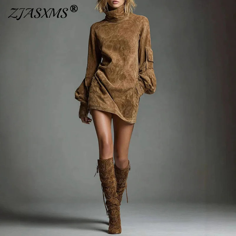 Autumn Retro Solid Suede Mini Short Dresses Sexy Turtleneck Slim Woman Pullover Dress Winter Long Sleeve Pockets Female Clothing 251110
