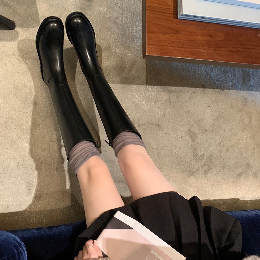 New round toe thick heel side zipper wool lining high tube women's autumn and winter cycling boots designer shoes snow boots fashion boots