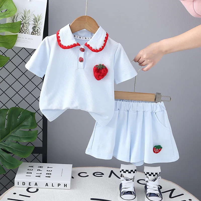 Milancel Summer Kids Clothes Set Girls Cute Strawberry Polo ShirtShorts Children Doll Collar Outwear 2PCS 250409