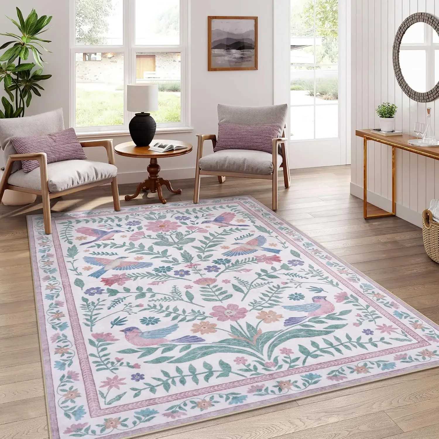 Elegant Boho Purple Floral Bird-printed Carpet HOME Decor Living Room Sofa Rug Bedroom Bedside Soft Rug Kitchen Dining Floormat Y251110