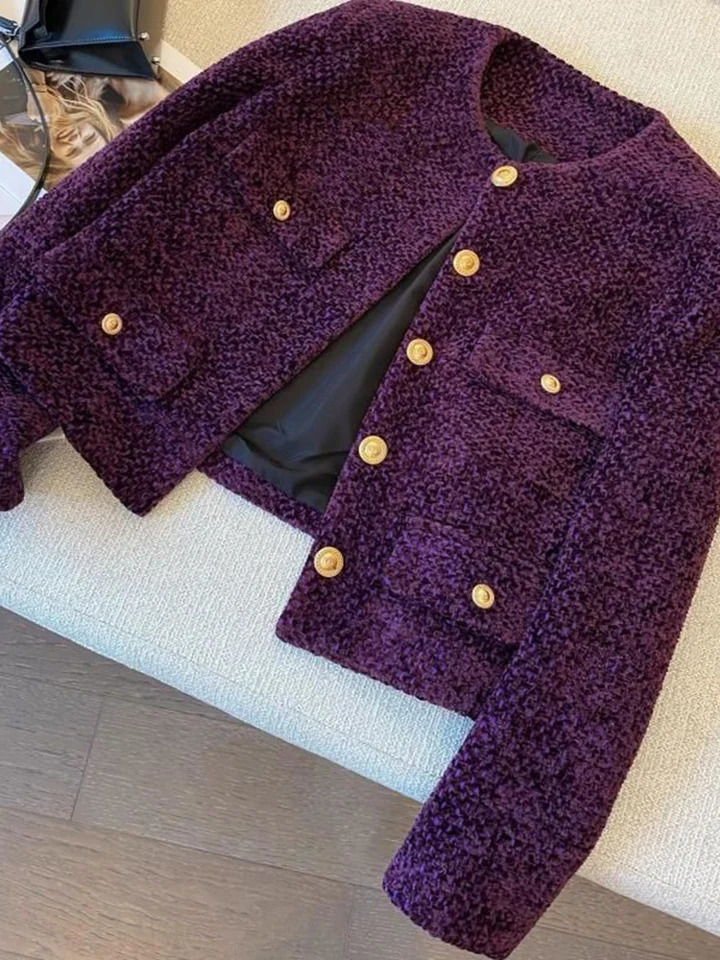 Jmprs Purple Retro Tweed Jacket Women Fall Winter O Neck Long Sleeve Short Coat Korean Casual Elegant Vintage Female Slim Tops 251110