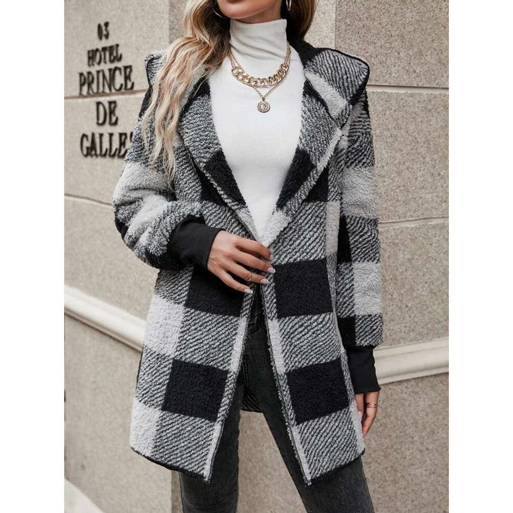 2025 Amazon Cross-Border New European and American Loose Plaid Color Block Knitted Cardigan Fashion Foreign Trade Sweater for Women
